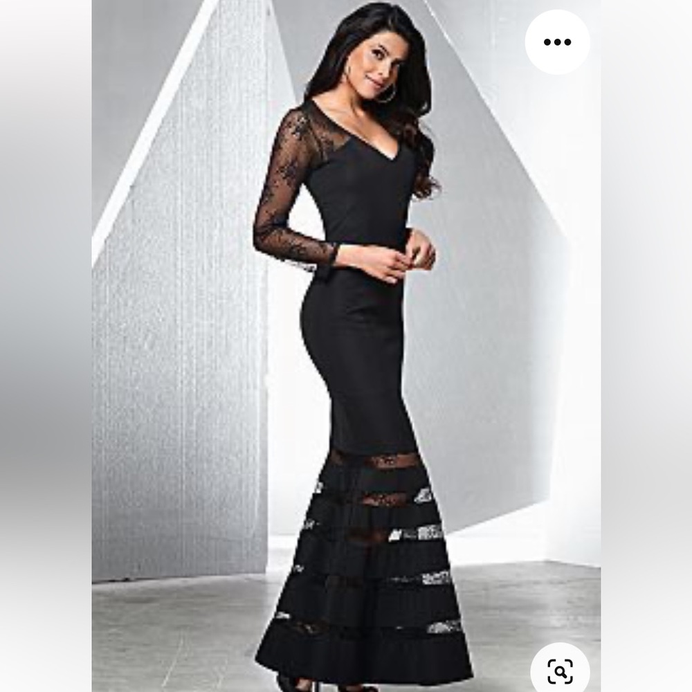 Venus lace illusion hem black mermaid Evening gown, lace sleeve, maxi size S